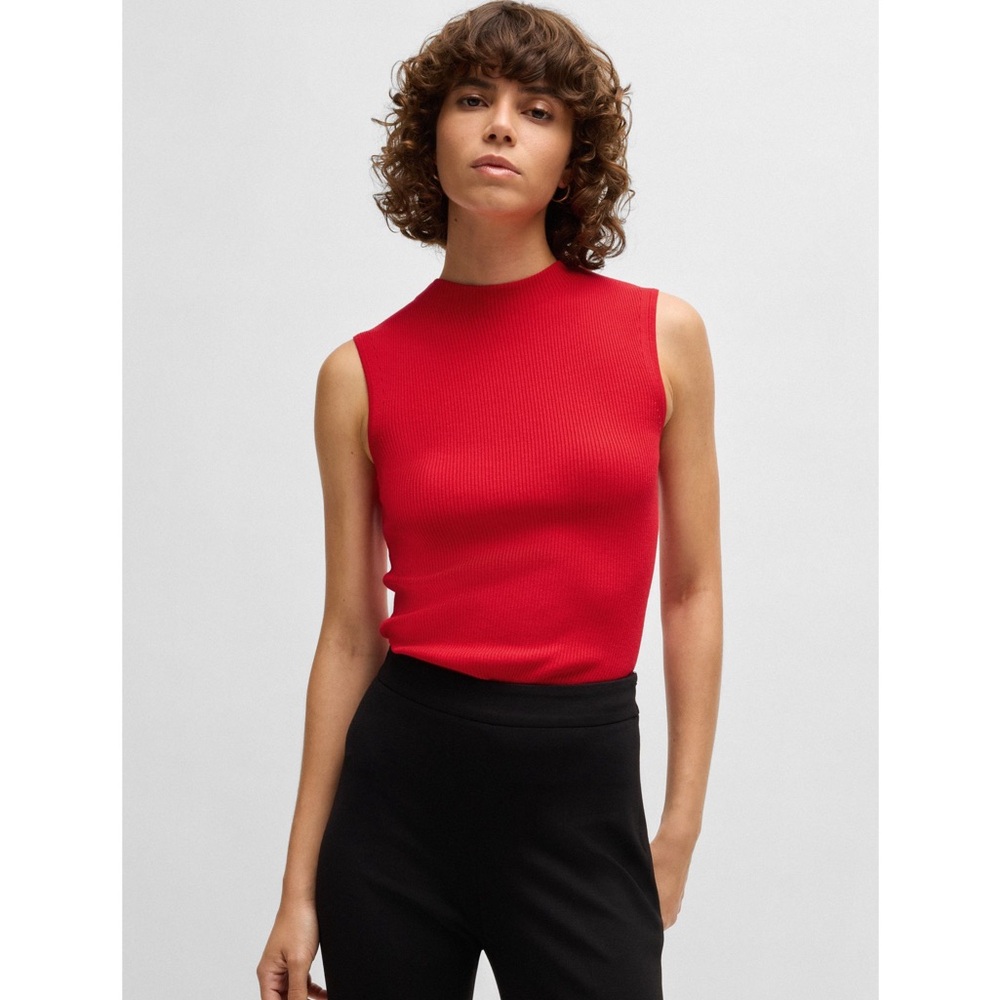 Boss Ribbed Merino Sleeveless Mockneck Sweater